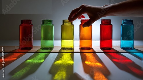 Colorful Glass Bottles Casting Vibrant Light Shadows