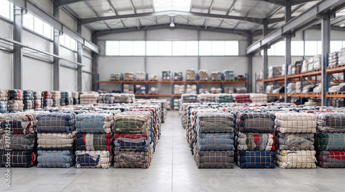 Large textile warehouse with stacks of compressed blankets and fabric bales in storage facility