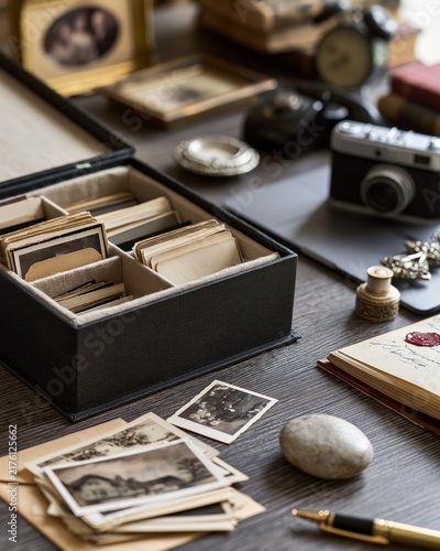 Memory box with old photographs and vintage estate keepsakes on wooden table