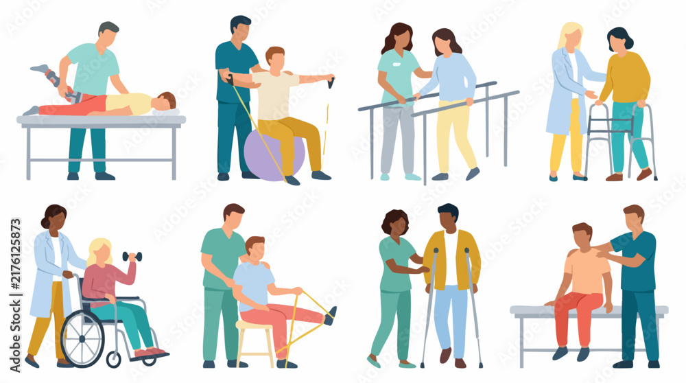 Fototapeta premium Physical Therapy and Rehabilitation Set with Patients and Therapists