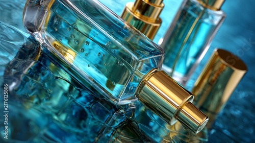 Luxury Perfume Bottles with Blue Glass Reflections