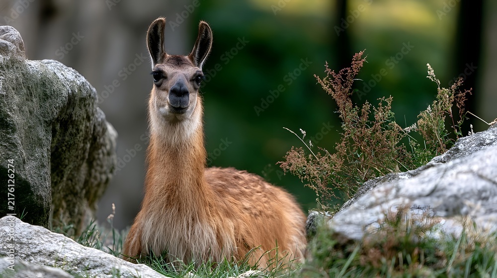 Fototapeta premium A llama rests among rocks and greenery with alert ears and soft fur captured in natural daylight with a blurred forest background