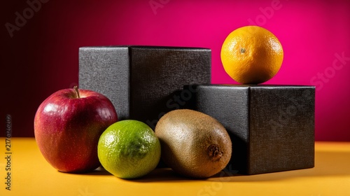 Assorted Fruits with Black Geometric Blocks on Colorful Background