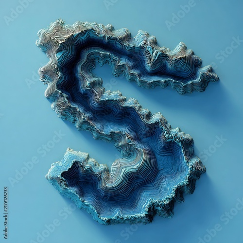 Abstract 3D Topographic Letter S Render with Blue Contour Lines and Deep Blue Depths
