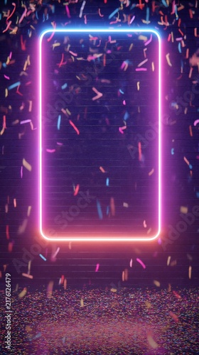 Vibrant Neon Rectangular Frame with Falling Confetti on a Dark Brick Wall Stage, Ideal for Festive Event Backgrounds and Product Display