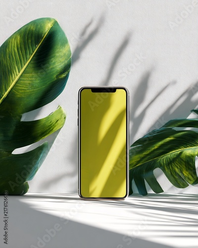 Modern Smartphone Mockup with Blank Yellow Screen, Tropical Leaves, and Natural Shadows