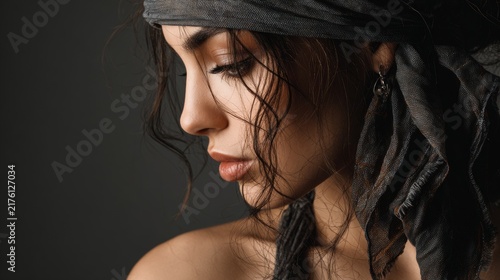 Elegant Beauty Portrait of Woman with Dark Fabric Headscarf