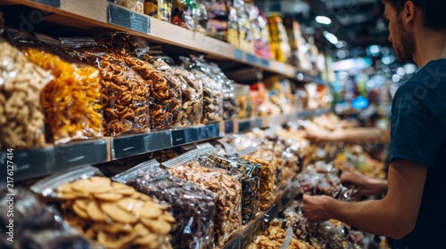 Customer Shopping in Bulk Food and Snack Aisle
