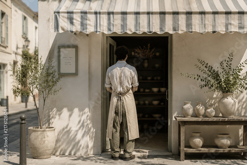 Shopkeeper in linen apron at doorway of small shop with striped awning and ceramic vases