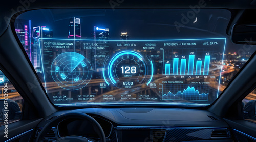 Futuristic Holographic HUD Screen on Smart Car Windshield Driving at Night