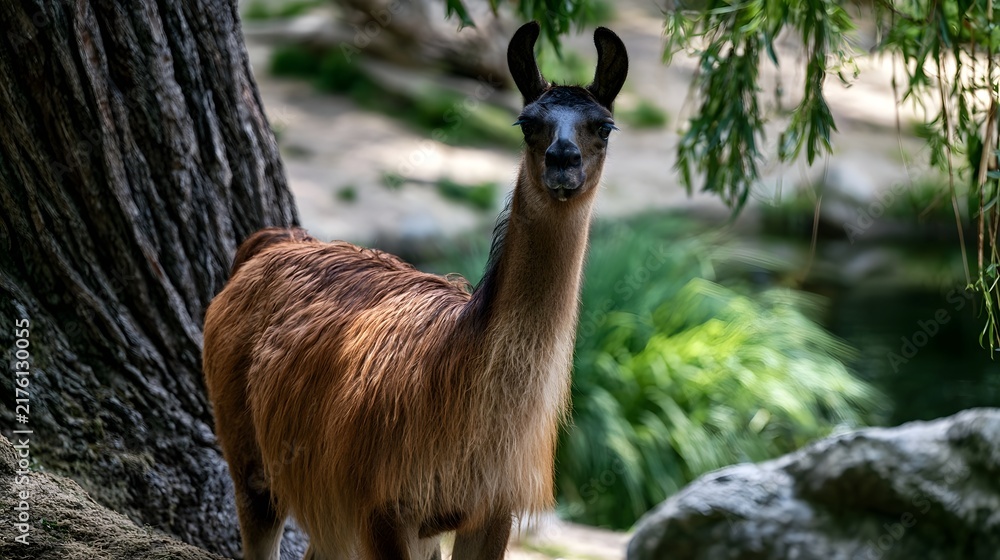 Fototapeta premium A brown llama stands near a large tree trunk in a lush green forest setting with soft natural lighting