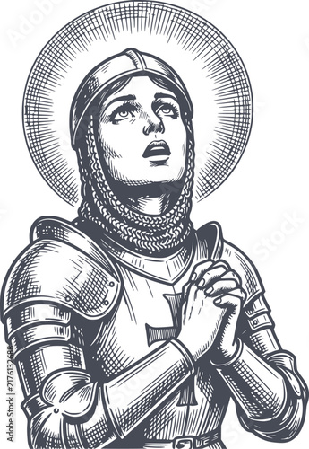 dark hand drawn style vector illustration of joan of arc praying in armor with halo, featuring solid black fill details and no white background fills