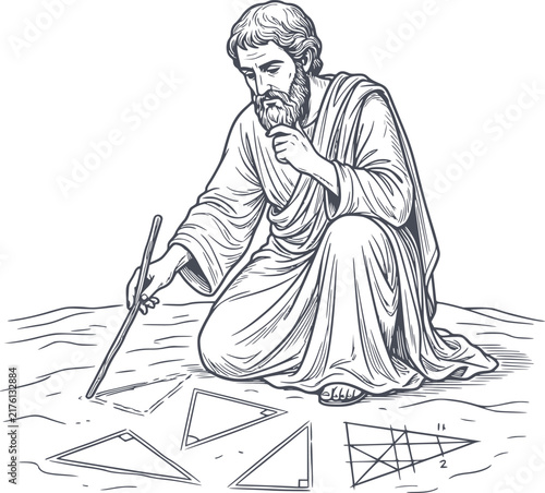 pythagoras drawing geometry triangles on sand dark navy vector illustration featuring hand drawn style outlines without white fills