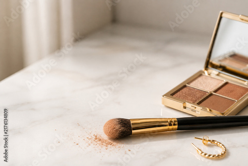 Makeup brush with tan eyeshadow pigment on marble countertop, palette and gold earring, beauty cosmetics concept
