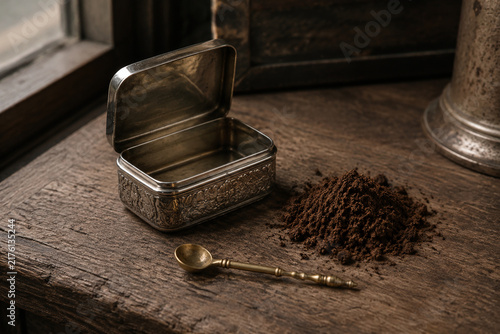 Antique silver snuffbox with powdered tobacco and brass spoon on wood, vintage still life concept