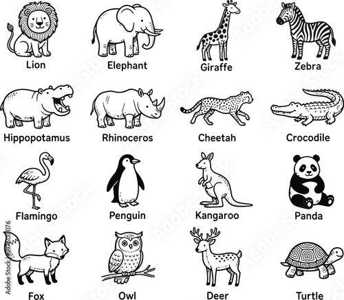 Set of cute cartoon wild animal illustrations isolated on white background
