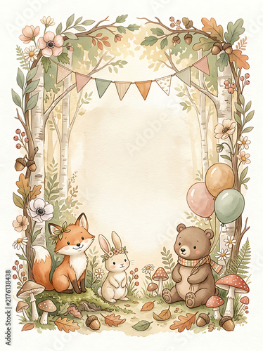 Cute Woodland Animals Forest Frame with Bunting and Balloons for Baby Shower Invitation or Birthday Card Design