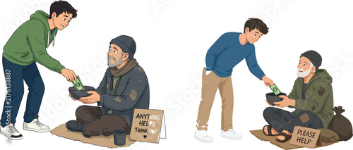 Young men donating cash to a poor homeless man sitting on the street