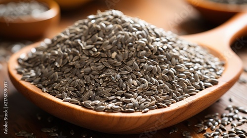A heap of black and white sunflower seeds rests in a wooden bowl on a rustic table, a perfect image representing the simplicity and wholesomeness of natural ingredients.