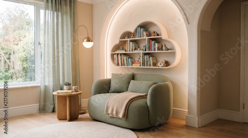 Cozy modern reading nook with sage green armchair and illuminated cloud-shaped bookshelf