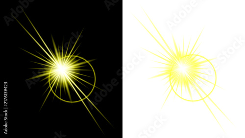 Bright yellow starburst lens flare and circular light halo vector design element