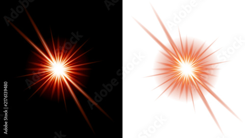 Red orange starburst lens flare light effect set isolated on black and white background
