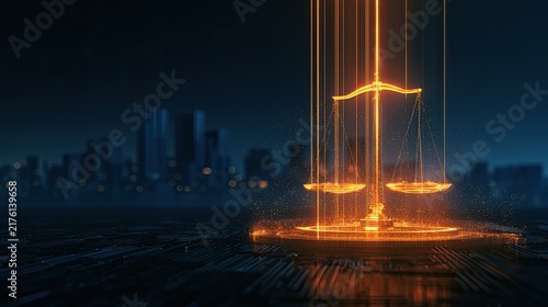 Futuristic digital scales of justice illuminate a cityscape