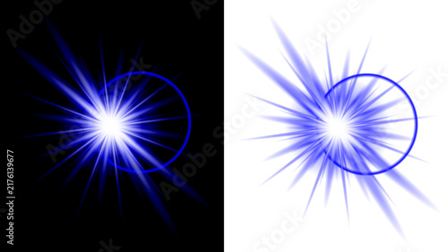 Blue sunburst ring light flare effect isolated set on black and white background