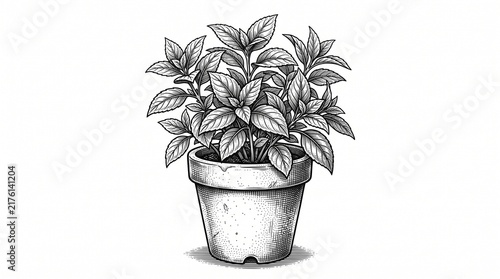 Potted plant with green leaves in a clay pot sketch drawing style