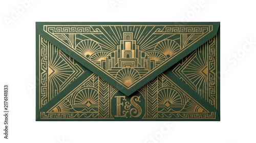 Elegant dark green envelope with luxury gold decorative art deco patterns for wedding invitations or holiday cards isolated on transparent background