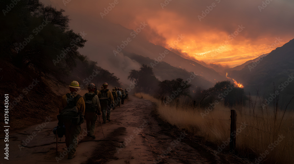 Fototapeta premium Line of firefighters walking toward a wildfire front carrying equipment