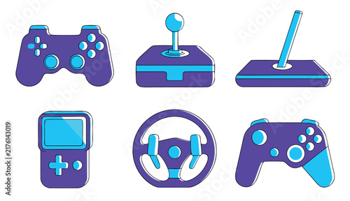 Purple and blue video game controller icons set for gaming apps vector illustration