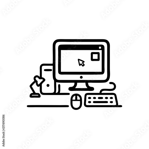 Monitor And Desktop Equipment Displaying Cursor Interface On Modern Workstation