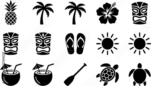 
Set of tropical tiki line art icons including a pineapple, palm tree, hibiscus flower, and tribal mask in a simple hand-drawn doodle style for summer vacation themes