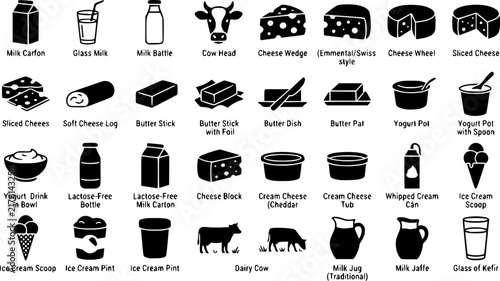 24 Dairy Product Silhouette Icons Set with Milk, Cheese, Butter, Yogurt and Lactose Free Symbols