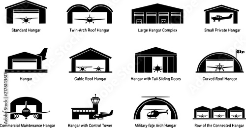 Variety of airplane hangar icons in black and white vector set
