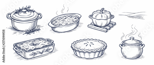 Vintage cookware food vector illustration set of autumn casserole dishes, hot pie, stew, and pumpkin pot for cozy winter recipes, holiday Thanksgiving feast, hand drawn line art food sketch design.