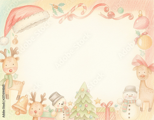 トナカイと雪だるまのかわいいクリスマスフレーム 色鉛筆イラスト
