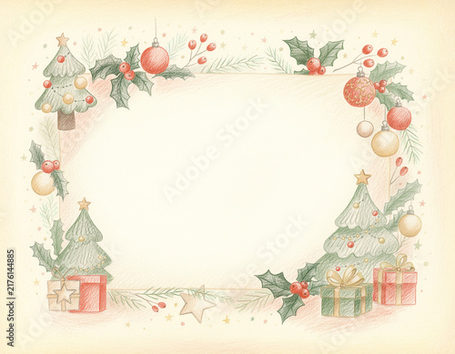 クリスマスツリーとプレゼントを飾った華やかなクリスマスフレーム 色鉛筆イラスト
