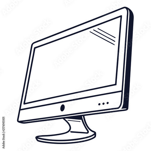 A simple black and white line art illustration of a modern desktop computer monitor screen with clean vector illustration plain white background