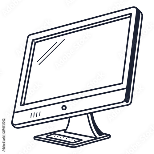 A simple black and white line art illustration of a modern desktop computer monitor display with clean vector illustration plain white background