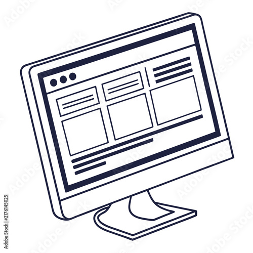 A clean flat line art vector illustration of a desktop computer monitor showing a website with screen website interface minimalist black white