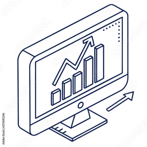 Isometric monitor display showing a rising bar chart and a directional arrow on white background with isometric computer screen icon displays growing