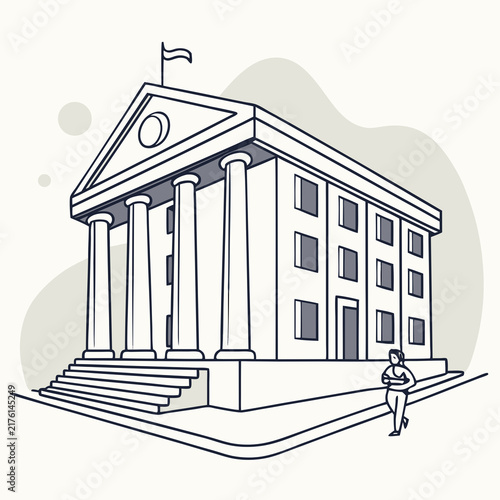 A minimalist line art illustration of a neoclassical government building with a person walking past with stylized architectural drawing public building columns