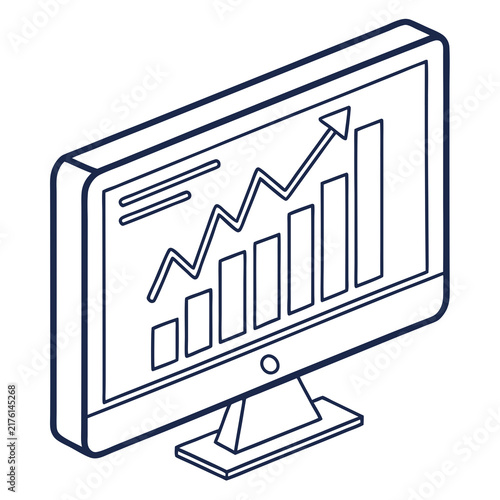 An isometric outline icon of a computer monitor with featuring upward trending art style featuring rising arrow screen trending bar graph with isometric line