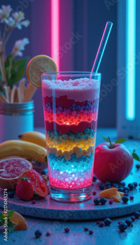 Vibrant layered drink showcases colorful ingredients including blue yellow and red layers topped with ice and garnished with lemon slice. background features fruits like strawberries bananas
