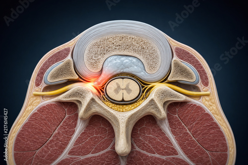Axial spine cross section with inflamed compressed nerve root