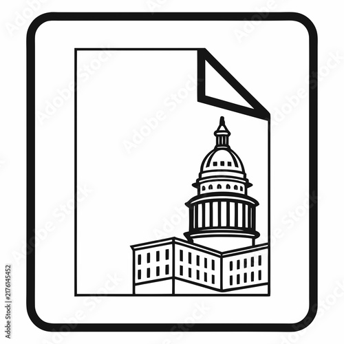 Black and white line art icon featuring a government building depicted on a document page with minimalist icon displays inside document outline