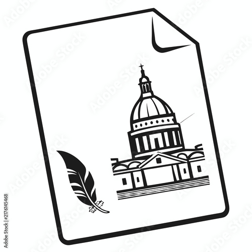 A simple black and white vector icon of a paper document with a quill pen with minimalist graphic illustration corner with corner