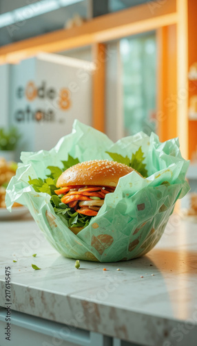 Delicious burger sits green, eco friendly wrapper, surrounded by fresh lettuce and vegetables, showcasing vibrant and appetizing presentation. setting is bright and inviting, perfect for casual